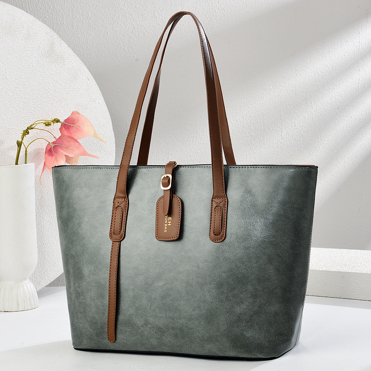 Leather Pattern Shoulder Messenger Bag Versatile High Quality Handbag - Gray Green / 32x13x27cm