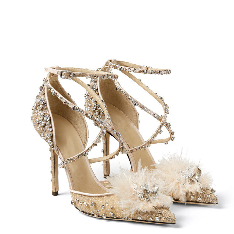 Nude Lace Rhinestone Floral Pumps - Naked color / 35