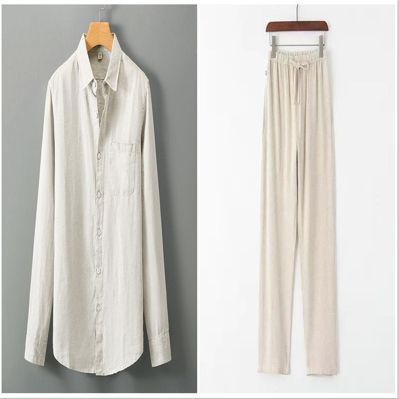 Summer New Casual Linen Shirt Men’s Loose Standing Collar - Beige set / XXL