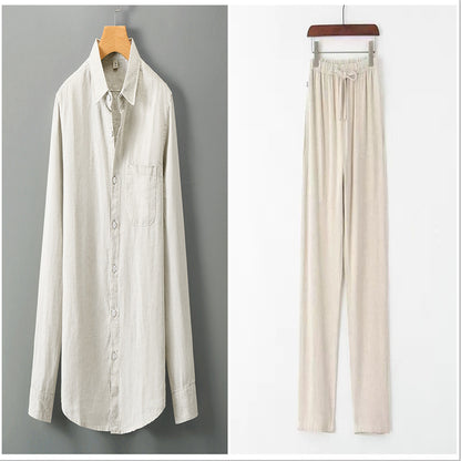 Summer New Casual Linen Shirt Men’s Loose Standing Collar - Beige set / XXL