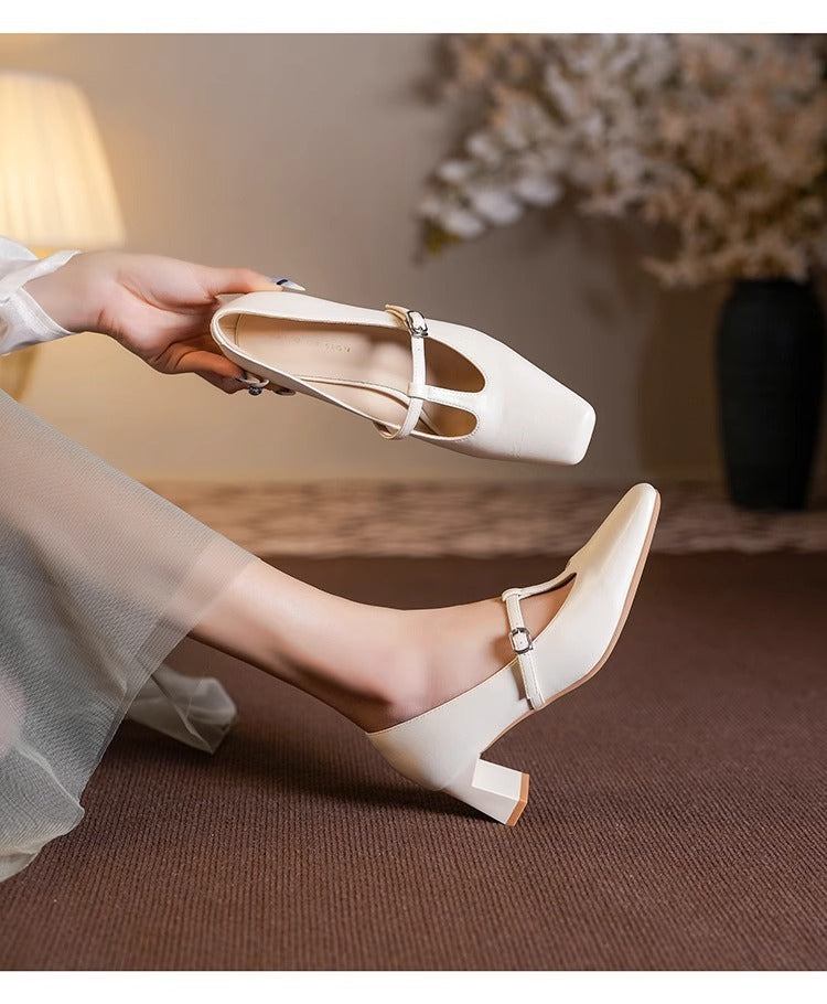 Square Toe Low-cut Chunky Heel Mary Jane Shoes - Beige / 34