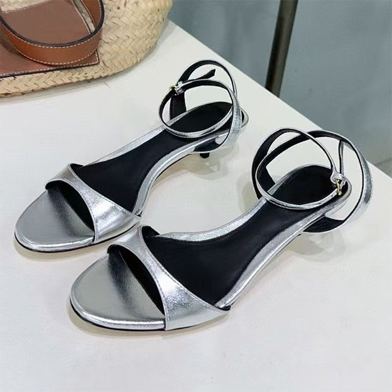 Women’s Leather French-style Retro Open Toe Sandals With Kitten Heel - Silver / 35