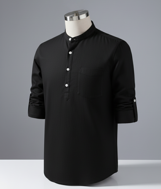 Enlision Men’s Linen Solid Henley Shirts Casual Long Sleeve Summer Mao Classic Beach Shirt - Black / 2XL