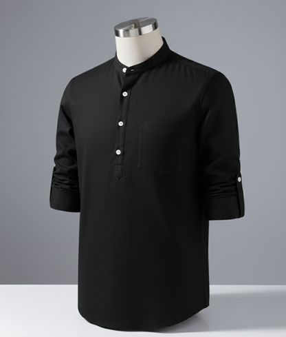 Enlision Men’s Linen Solid Henley Shirts Casual Long Sleeve Summer Mao Classic Beach Shirt - Black / 2XL