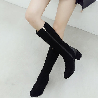 Women’s New Leather Scrub Thick Heel High Boots