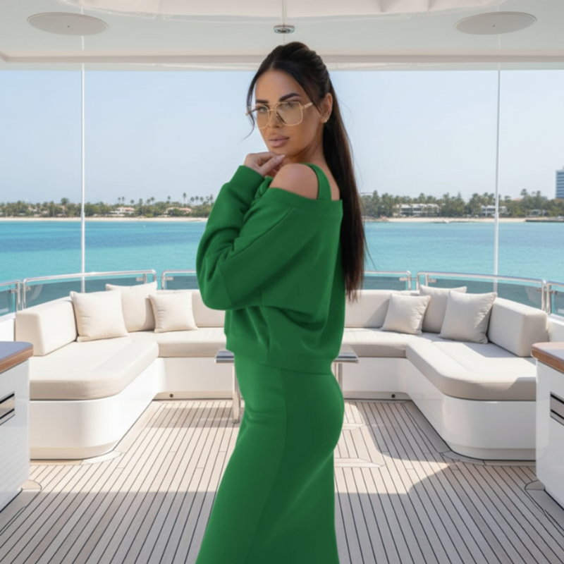 Casual-Chic V-Neck Sweatshirt and Midi Skirt Set