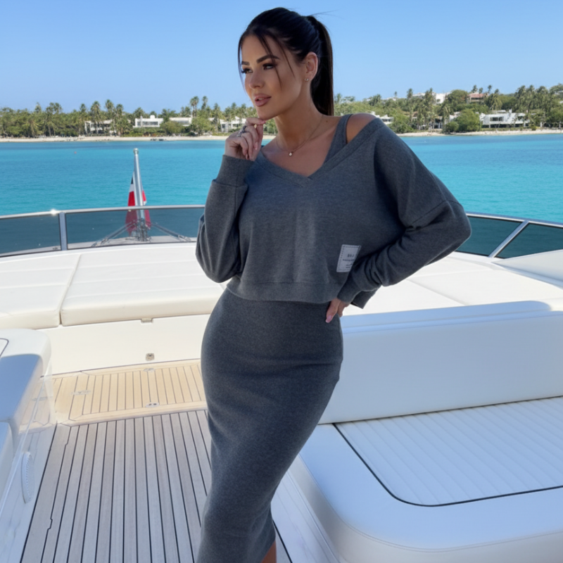 Casual-Chic V-Neck Sweatshirt and Midi Skirt Set - Dark Grey / S