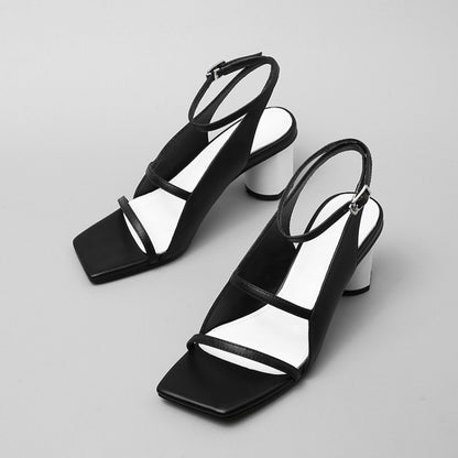 European And American Fashion Sandals Female Profiled Heel Square Toe Hollow Catwalk Anchor WomenS Shoes - Black / 34