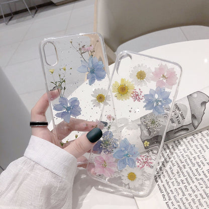 Fashion Glitter Real Dry Pressed Flower Phone Case Transparent Silicone Cover