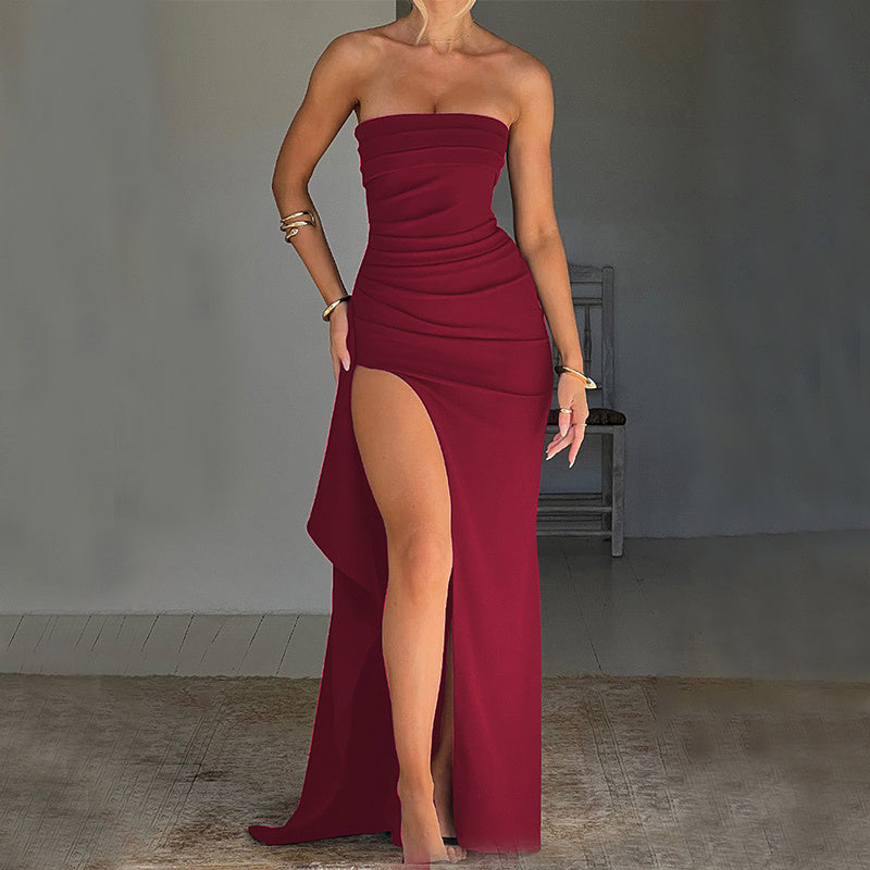 Sexy One-Shoulder Backless Satin Slit Dress for Women - Wine Red / XS