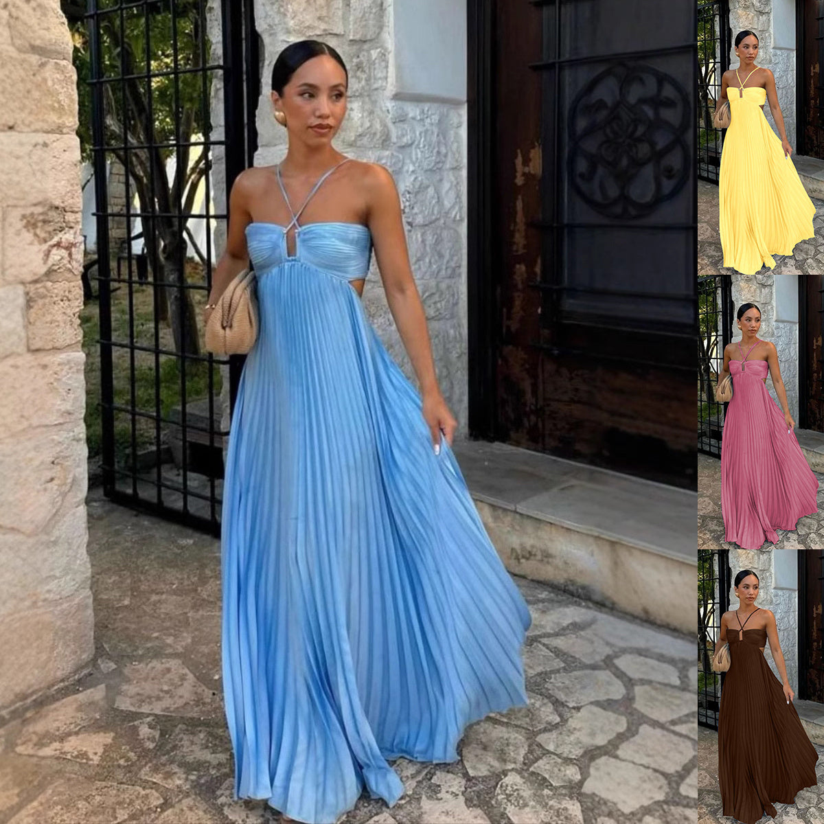 Chic Pleated Halter Dress for Evening & Party - Paternora