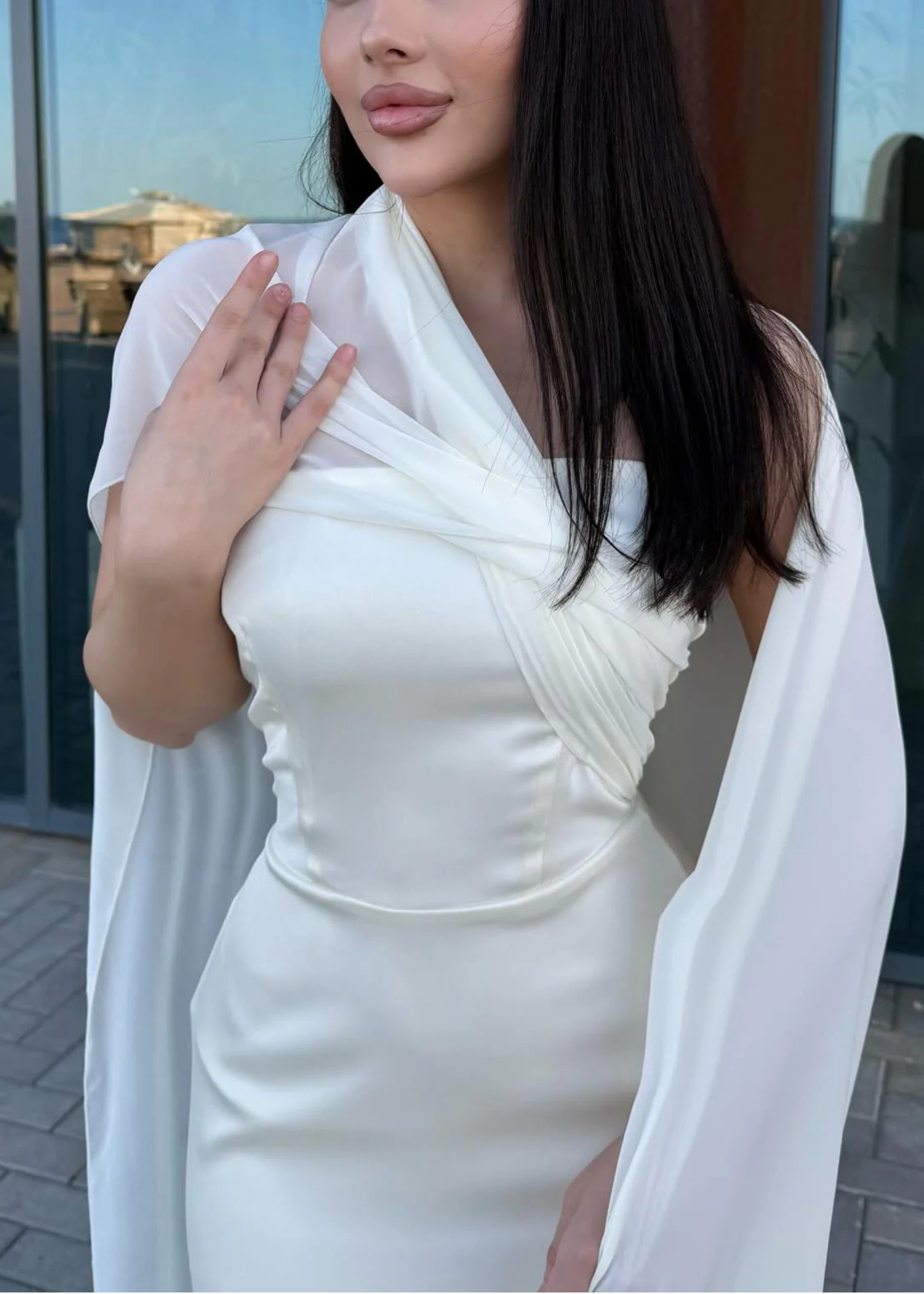 White Satin One - Shoulder Maxi Dress With Flowing Chiffon Cape