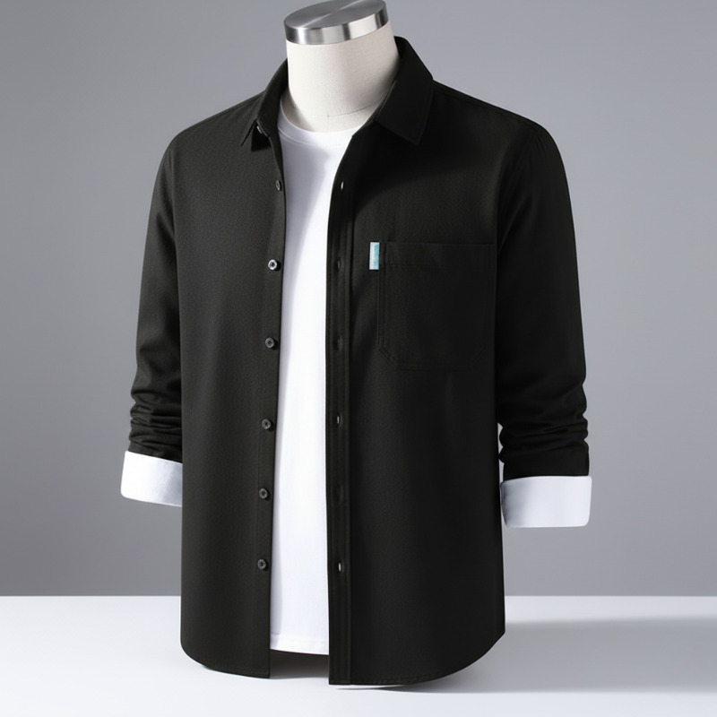 Men’s Cotton Twill Overshirt - Minimalist Workshirt Jacket Long Sleeve Button Down - Black / M