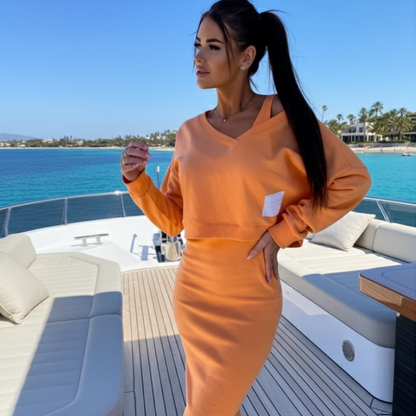 Casual-Chic V-Neck Sweatshirt and Midi Skirt Set - Orange Red / S