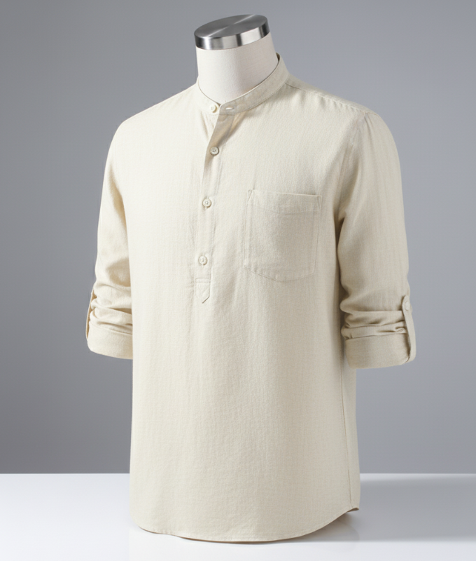 Enlision Men’s Linen Solid Henley Shirts Casual Long Sleeve Summer Mao Classic Beach Shirt - Beige / 2XL