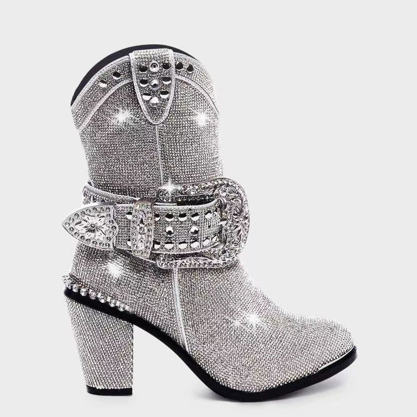 Women’s Fashionable Chunky Heel Catwalk Fashion Boots - Silver / 34