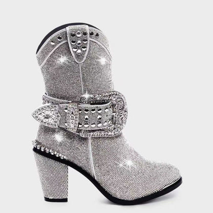 Women’s Fashionable Chunky Heel Catwalk Fashion Boots - Silver / 34