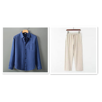 Summer New Casual Linen Shirt Men’s Loose Standing Collar - Blue Beige / 3XL