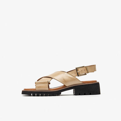 Women’s Chunky Heel Retro Cross Strap Sandals - Apricot / 35