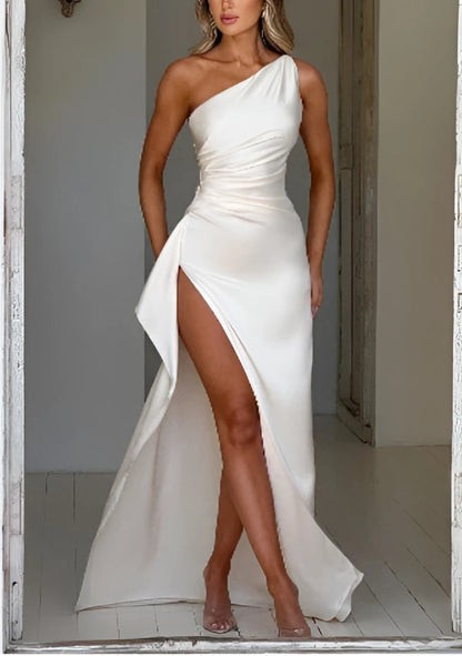 Sexy One-Shoulder Backless Satin Slit Dress for Women - White / L