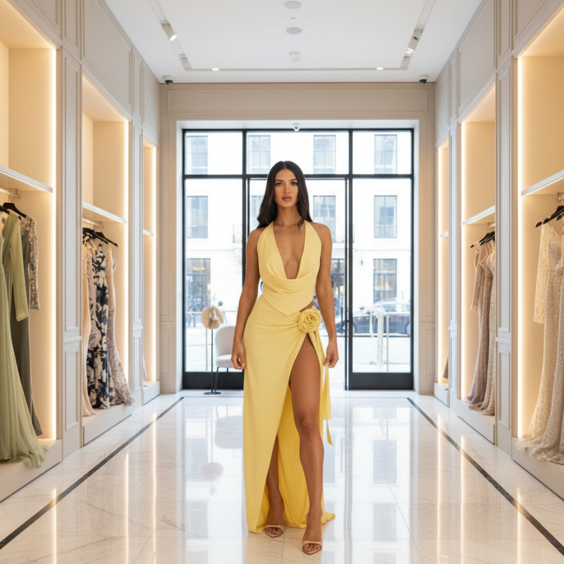 Two-Piece Halter Deep V-Neck High Slit Set for Women - Yellow / S