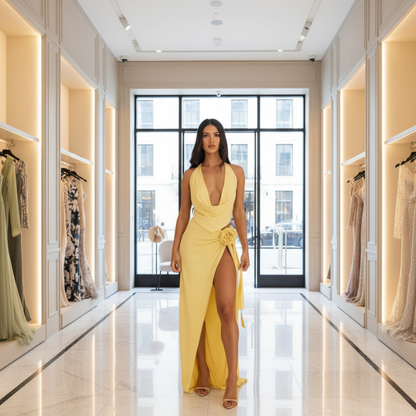 Two-Piece Halter Deep V-Neck High Slit Set for Women - Yellow / S