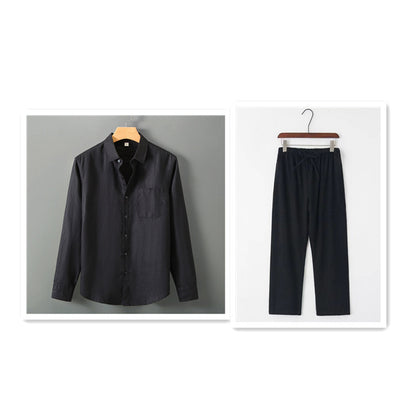 Summer New Casual Linen Shirt Men’s Loose Standing Collar - Black set / L