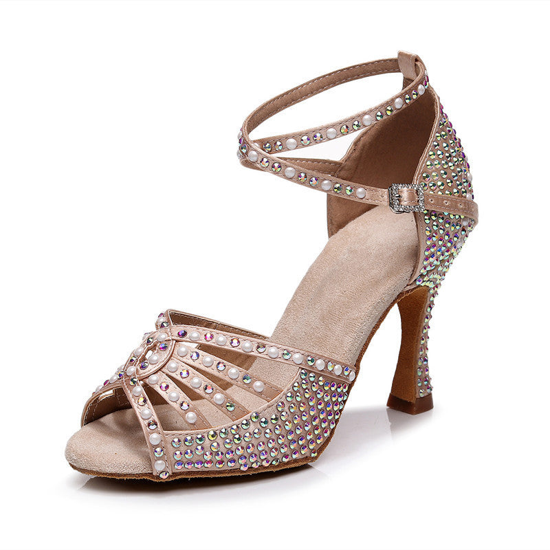 Women’s Hot Rhinestone Latin Dance High Heel Shoes Soft Bottom Rhinestone