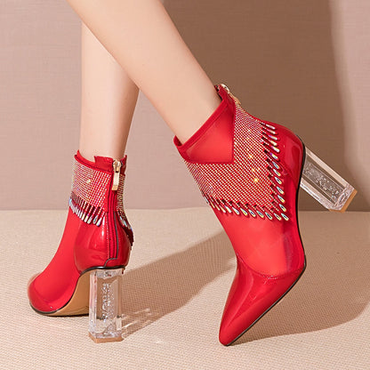 Women’s New Leather Mesh Hollow High-heeled Short Sandals