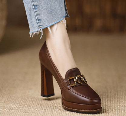 Women’s Brown Thick-heeled Sheepskin Shoes - Brown / 34