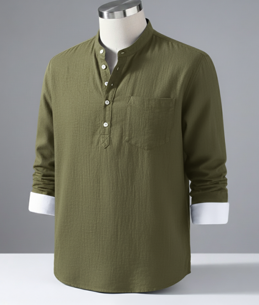 Enlision Men’s Linen Solid Henley Shirts Casual Long Sleeve Summer Mao Classic Beach Shirt - Army Green / 2XL
