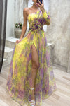 Tie-dye Off-Shoulder Slit Maxi Dress - Paternora