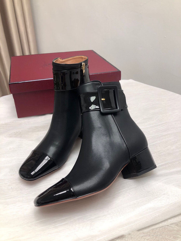 Women’s Buckle Side Zipper Color Matching Cowhide Ankle Boots - Black / 35