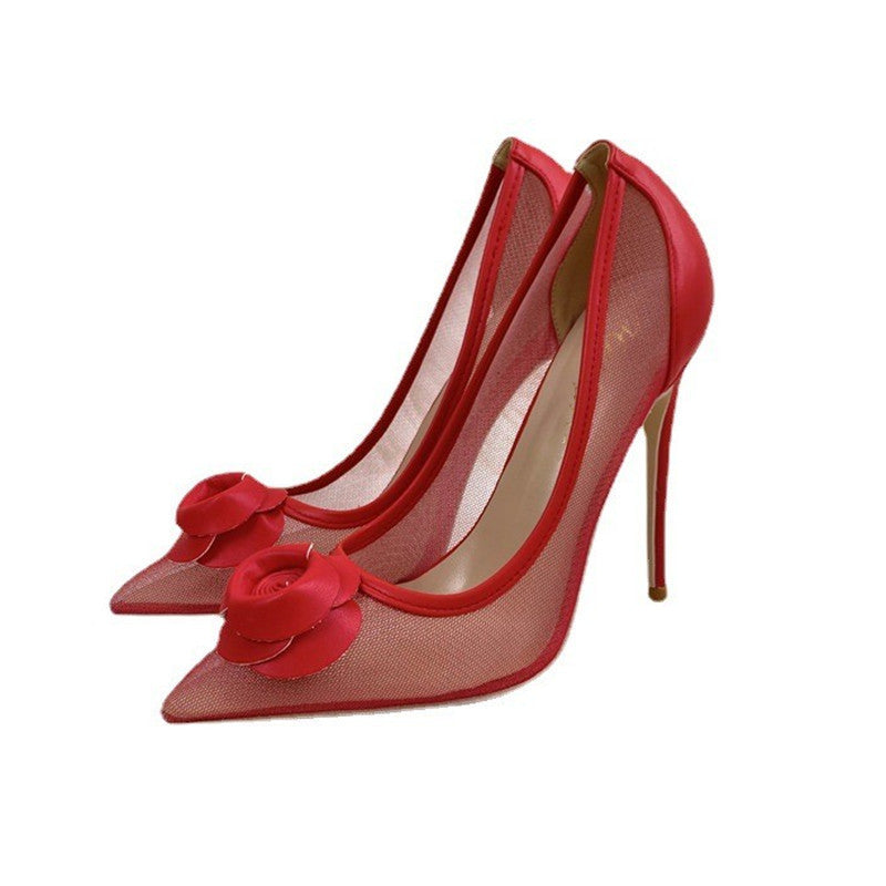 Mesh Ladies High 12CM Pointed Toe Stiletto Low-cut Shoes Sandals