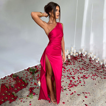 Sexy One-Shoulder Backless Satin Slit Dress for Women - Red / S