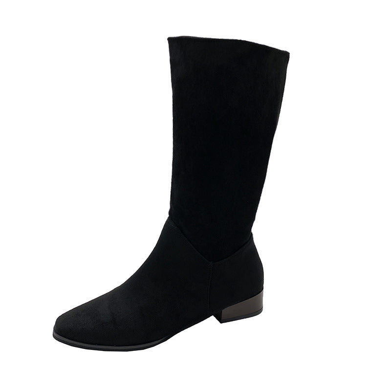 Pointed Toe Retro Middle Boots Simple Thick Heel Below The Knee - Black / 35