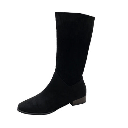 Pointed Toe Retro Middle Boots Simple Thick Heel Below The Knee - Black / 35