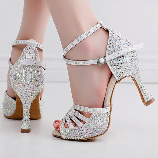 Women’s Hot Rhinestone Latin Dance High Heel Shoes Soft Bottom Rhinestone