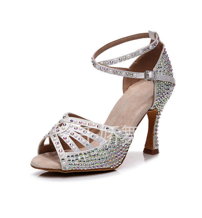 Women’s Hot Rhinestone Latin Dance High Heel Shoes Soft Bottom Rhinestone - White / 34