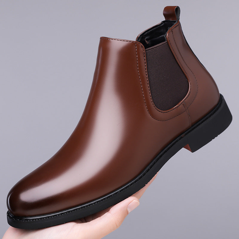 Men’s Retro PU Leather Chelsea Boots | Waterproof Slip-On Ankle Boot for Outdoor Wear - Brown With Velvet Style / 38