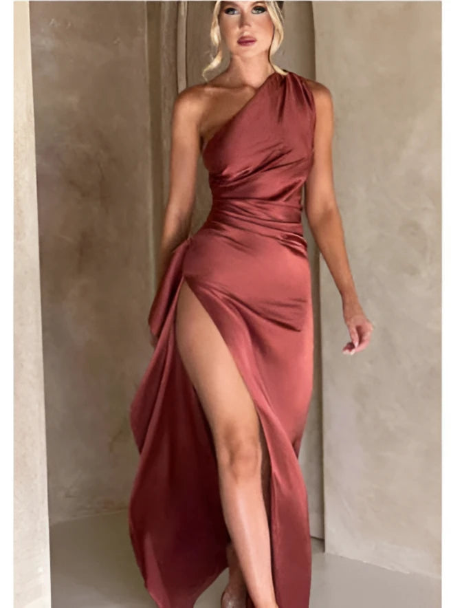 Sexy One-Shoulder Backless Satin Slit Dress for Women - Light Brown / L