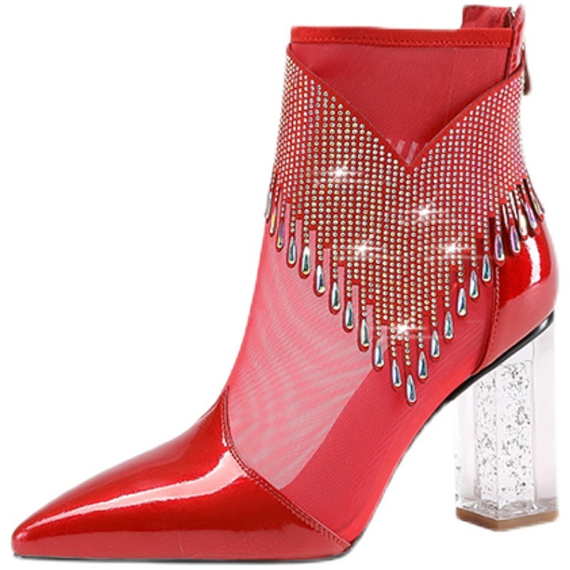 Women’s New Leather Mesh Hollow High-heeled Short Sandals