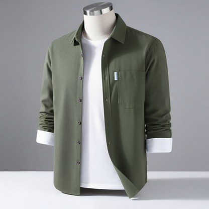 Men’s Cotton Twill Overshirt - Minimalist Workshirt Jacket Long Sleeve Button Down - Dark Green / M