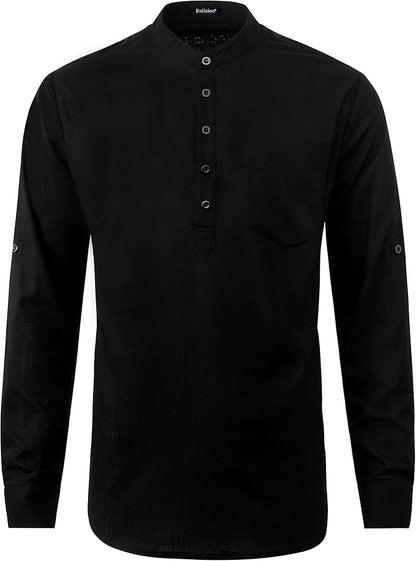 Enlision Men’s Linen Solid Henley Shirts Casual Long Sleeve Summer Mao Classic Beach Shirt