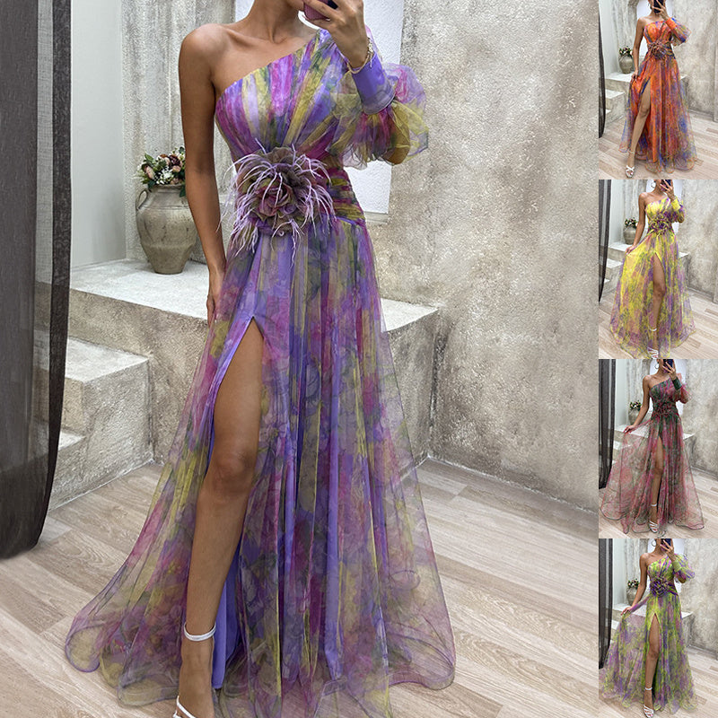 Tie-dye Off-Shoulder Slit Maxi Dress - Paternora