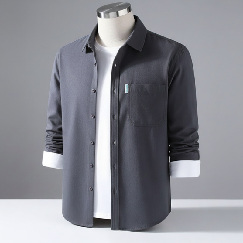 Men’s Cotton Twill Overshirt - Minimalist Workshirt Jacket Long Sleeve Button Down - Dark Gray / M