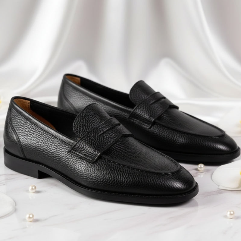 British Vintage Litchi Grain Cowhide Men’s Loafer - Black / 38