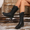 Female Mid-calf Length Solid Color Pointed Chunky Heel Martin Boots - Paternora