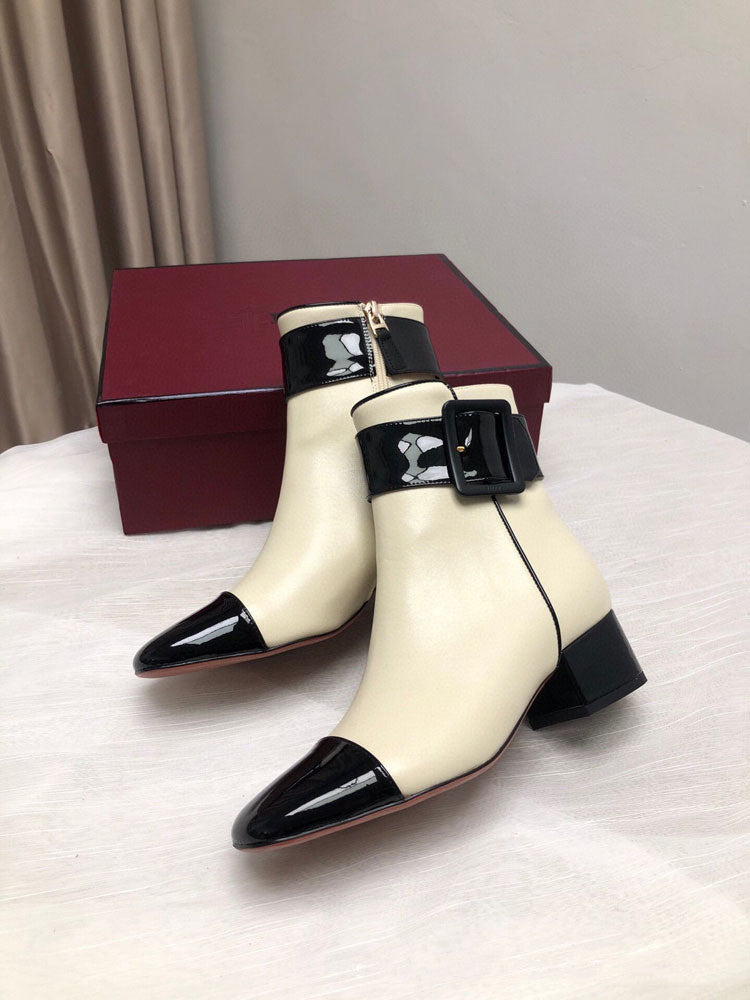 Women’s Buckle Side Zipper Color Matching Cowhide Ankle Boots - Beige / 35