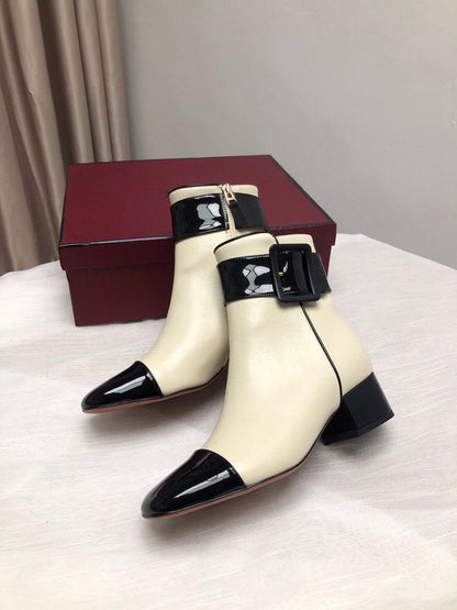 Women’s Buckle Side Zipper Color Matching Cowhide Ankle Boots - Beige / 35